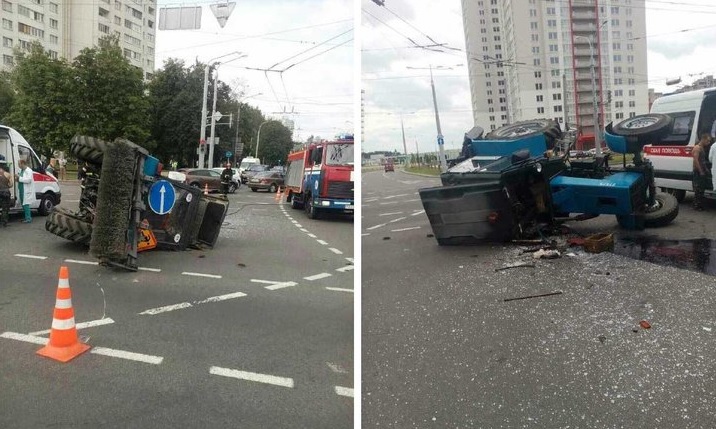 У Мінску на праспекце Незалежнасці перакуліўся трактар (фота)