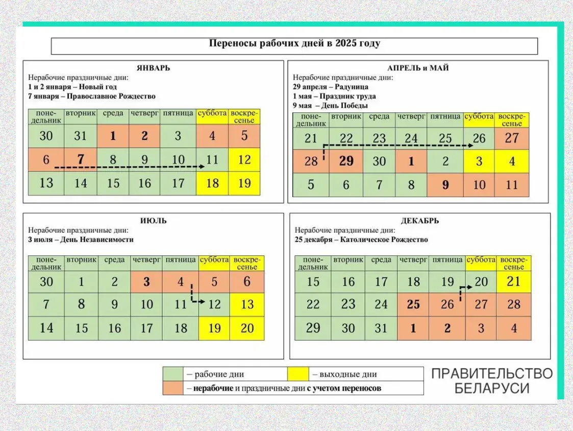 Календарь рабочих дней и длинных выходных в Беларуси 2025