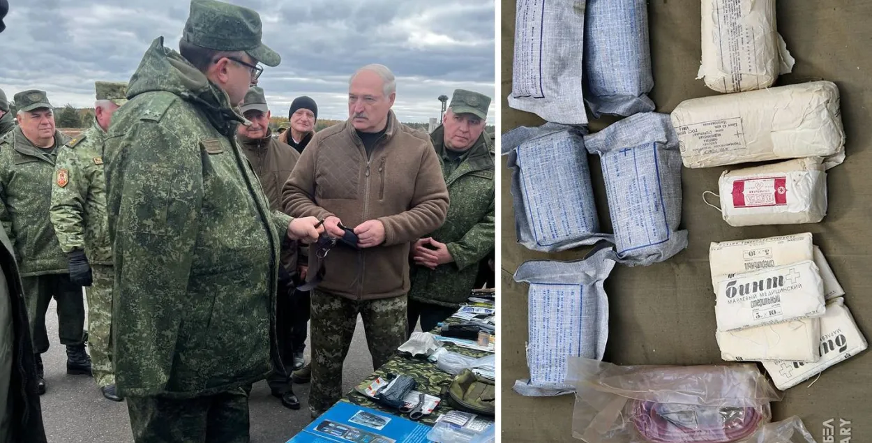 Слева — экспозиция для Лукашенко, справа — советские бинты для белорусских военных / коллаж Еврорадио
