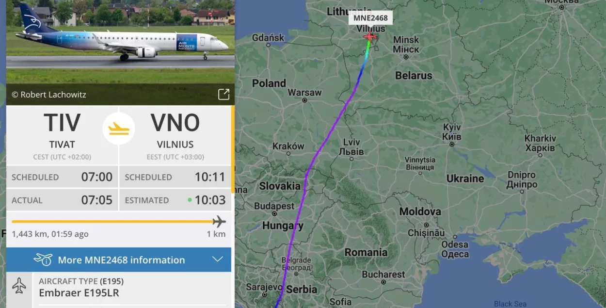 Черногорский самолет прилетел в Литву через Беларусь / flightradar24.com

