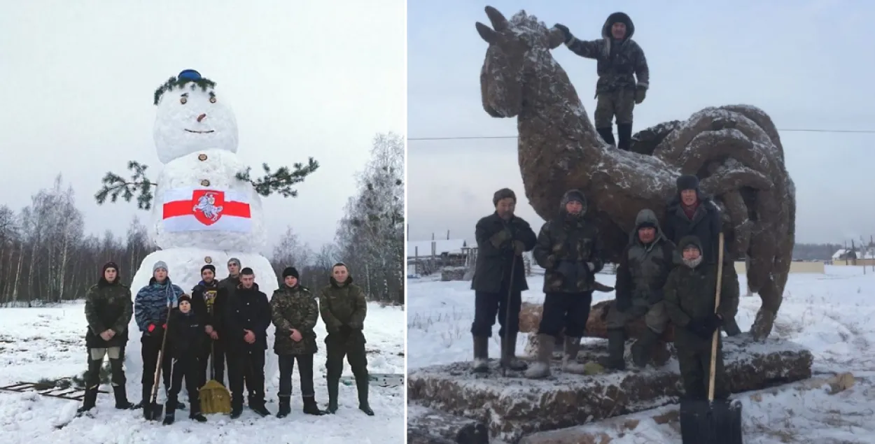 Натхніліся расійскім пеўнем з гною: як ляпілі 5-метровага снегавіка з “Пагоняй”
