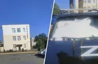 Машина Сергея Юдаева на парковке у Новополоцкого РОВД / коллаж Еврорадио
