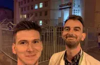 Mikhail Ilyin and Artsiom Mayorau seconds after their release&nbsp;from a police station in Minsk&nbsp;/ Euroradio