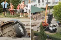 Авто провалилось под асфальт в Бобруйске
