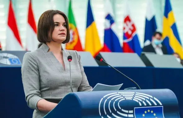 Святлана Ціханоўская падчас выступу ў Камітэце па знешніх справах Еўрапарламента / t.me/tsikhanouskaya

