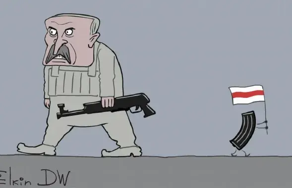 Аляксандр Лукашэнка мусіць лічыцца з нежаданнем беларусаў ваяваць супраць Украіны / Карыкатура dw.com
