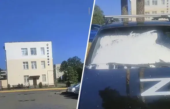 Машына Сяргея Юдаева на паркоўцы ля Наваполацкага РАУС / калаж Еўрарадыё
