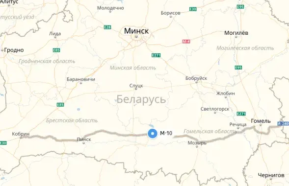 Траса М-10 праходзiць праз усё Палессе. Скрыншот: "Яндэкс.Карты"