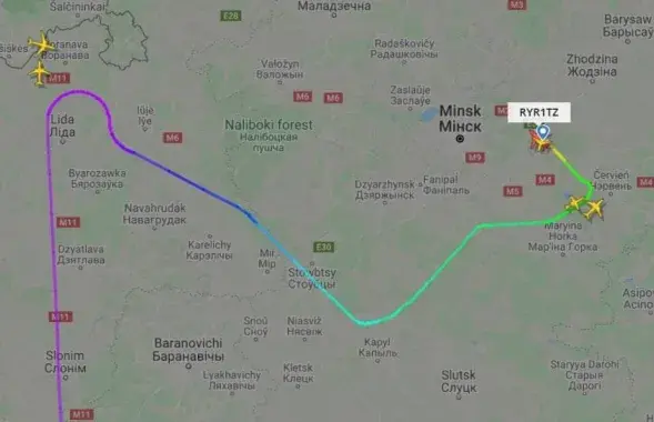 Траекторыя палёту борта Ryanair, пасаджанага ў Мінску
