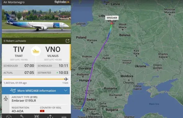 Чарнагорскі самалёт прыляцеў у Літву праз Беларусь / flightradar24.com
