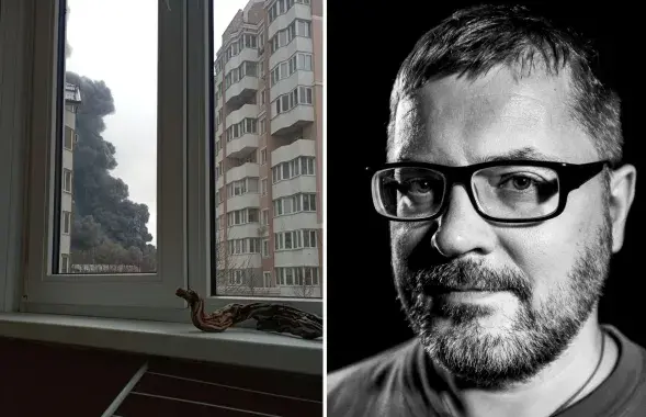 Белорусский писатель Сергей Прилуцкий из разрушенной Бучи / коллаж Еврорадио