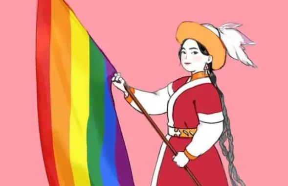 Дзяўчына ў нацыянальным казахстанскім cтроі са сцягам ЛГБТК+&nbsp;
